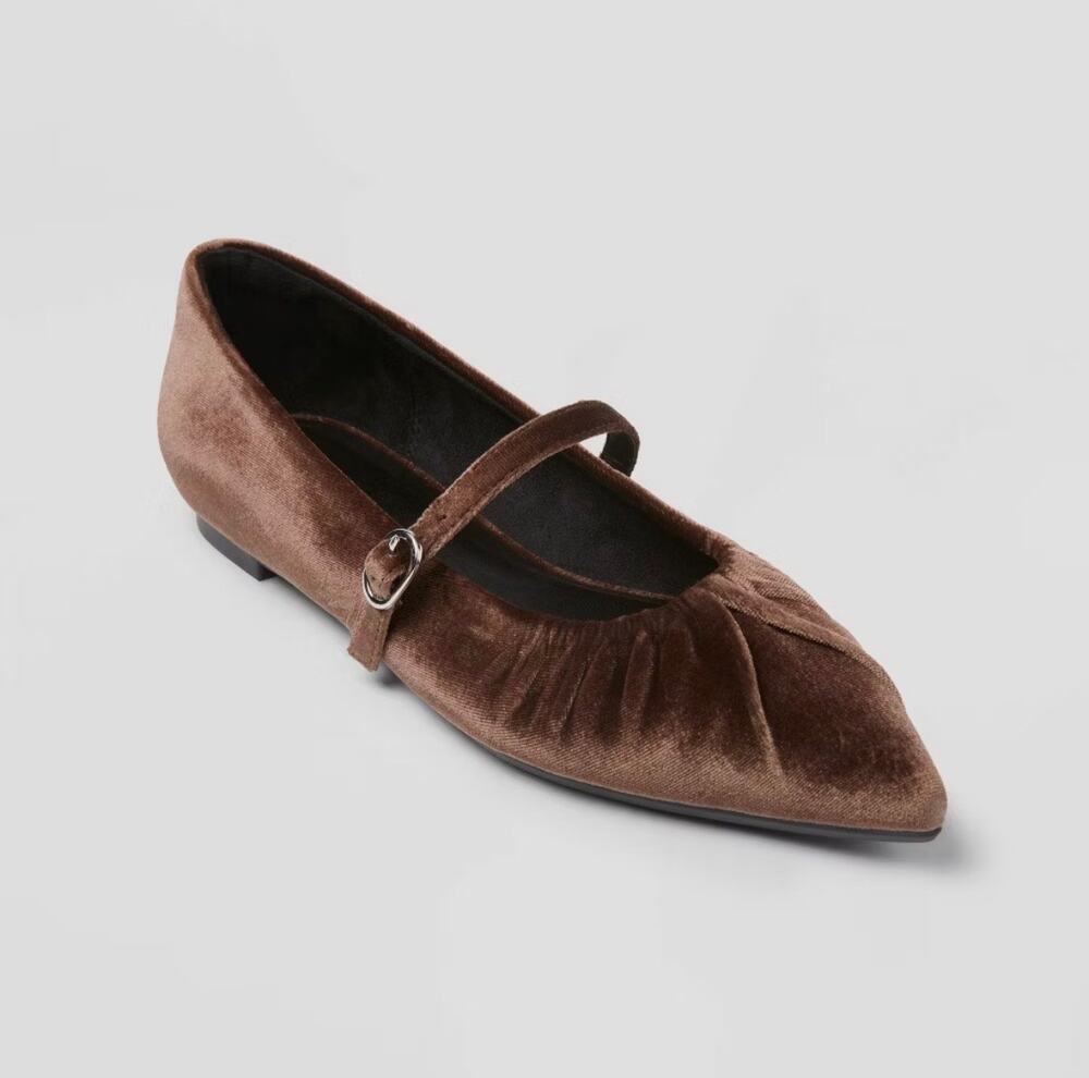 A New Day Gabriella Mary Jane Flats Velvet Ruched Pointed Toe Brown Size 5 NWT